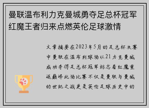 曼联温布利力克曼城勇夺足总杯冠军红魔王者归来点燃英伦足球激情