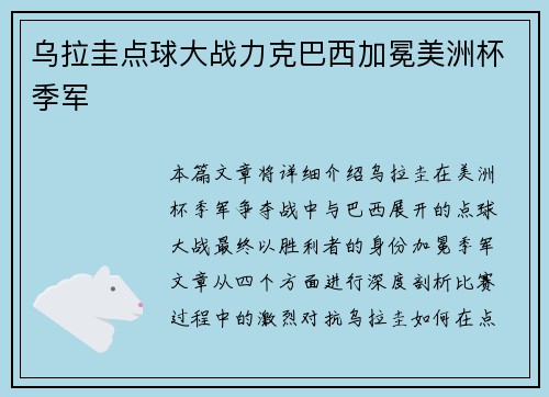 乌拉圭点球大战力克巴西加冕美洲杯季军
