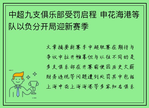 中超九支俱乐部受罚启程 申花海港等队以负分开局迎新赛季